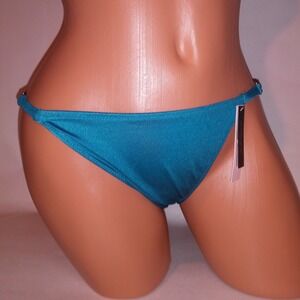 Victoria Secret Swim Bikini Bottom Medium Blue Shimmer Gold Chains Brazilian Ne